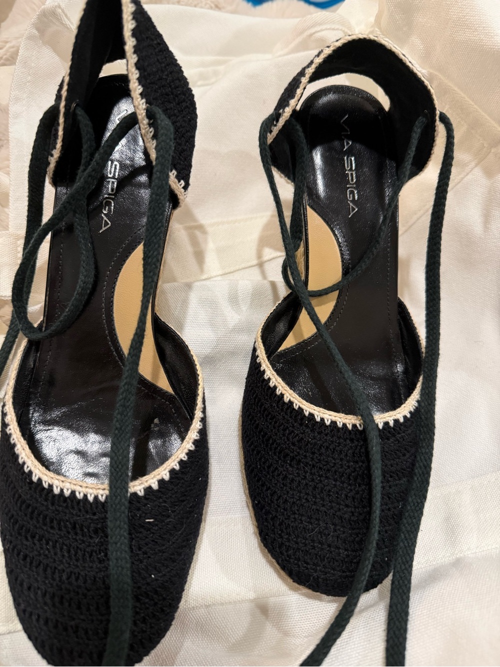 Via Spiga Black Crochet Lace-Up Heels with Cream Trim